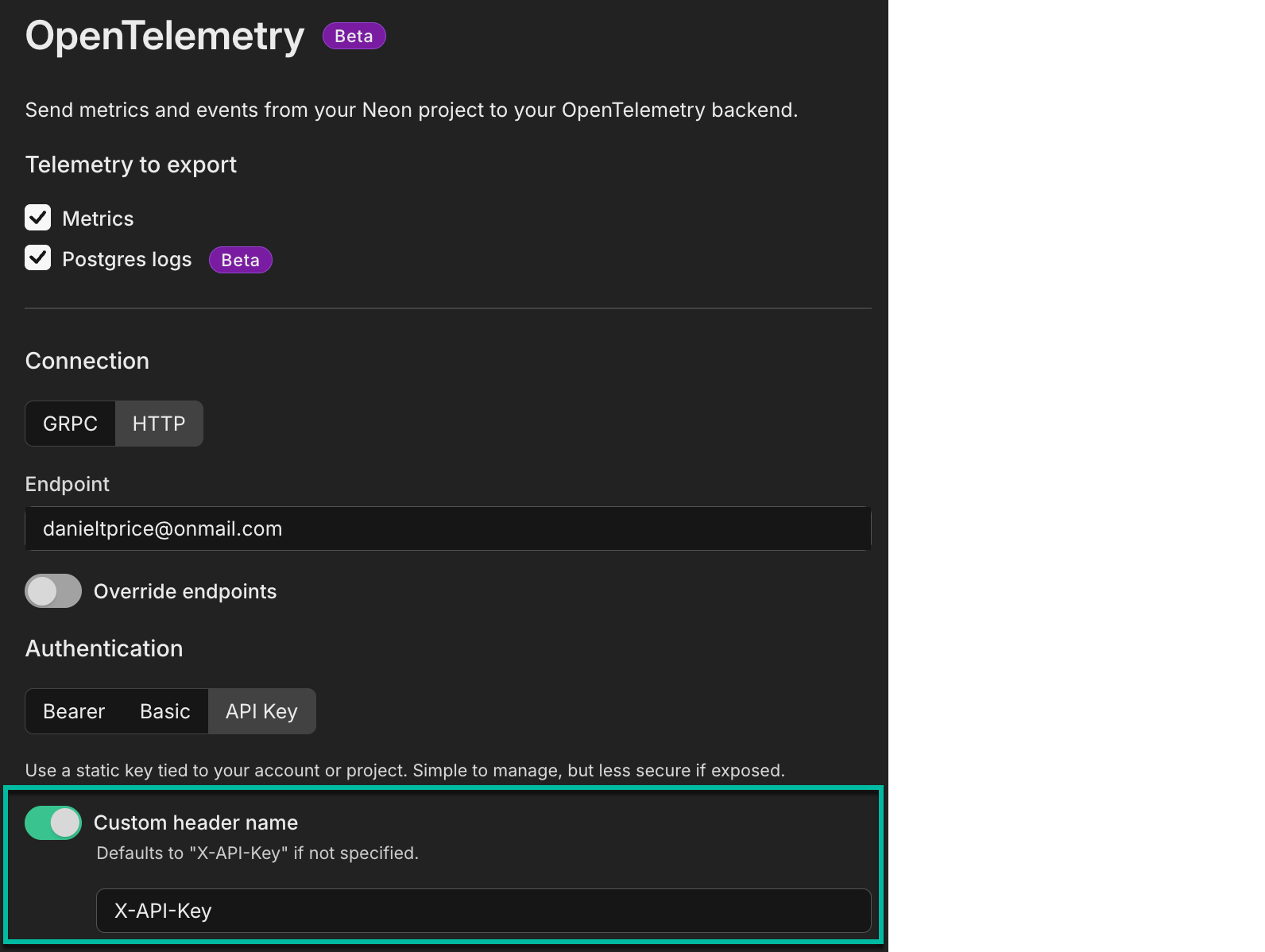 OpenTelemetry custom header name configuration