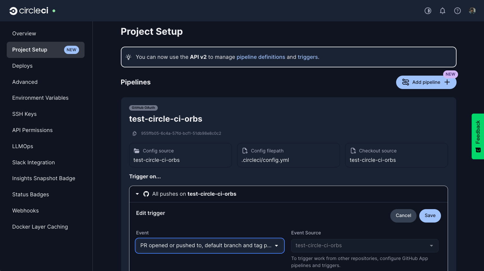 CircleCI pipeline trigger configuration