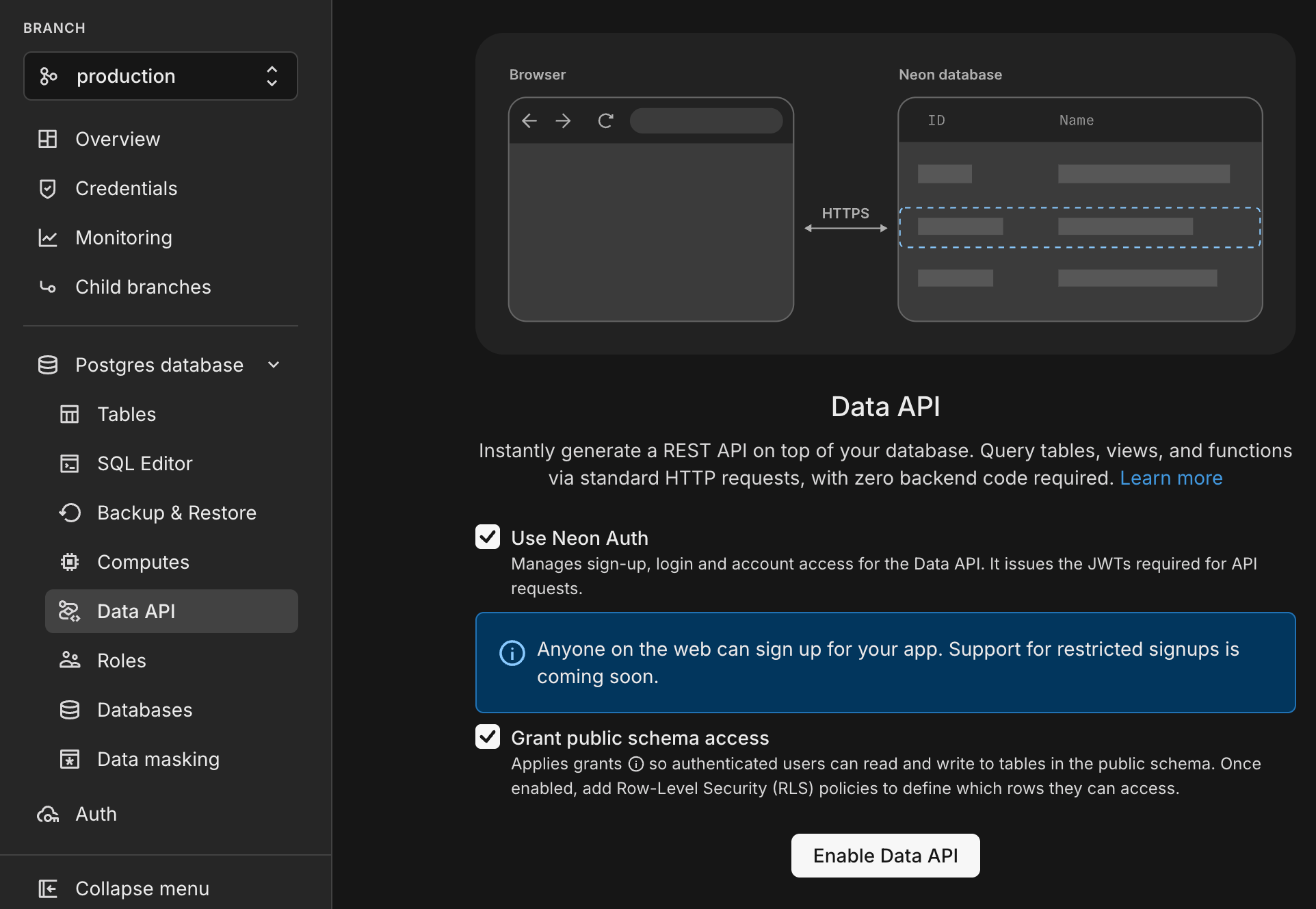 Data API page with enable button