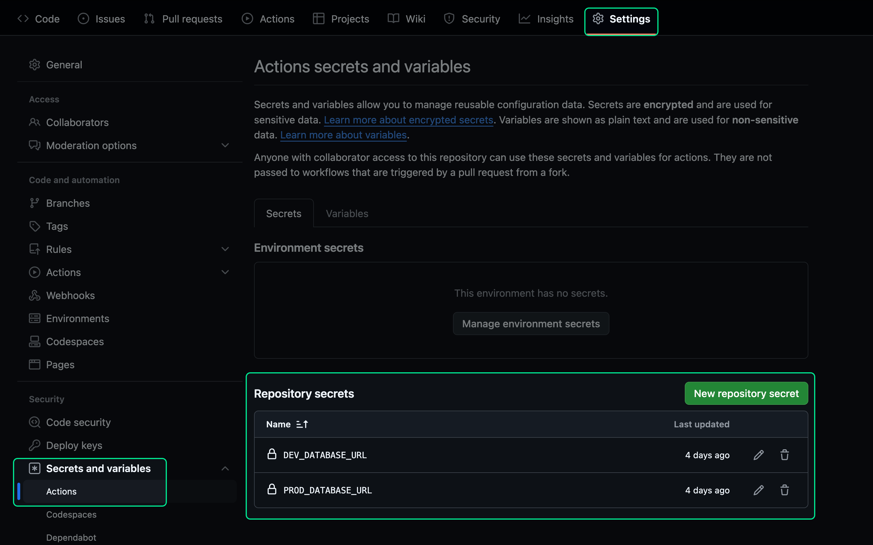 GitHub repository secrets