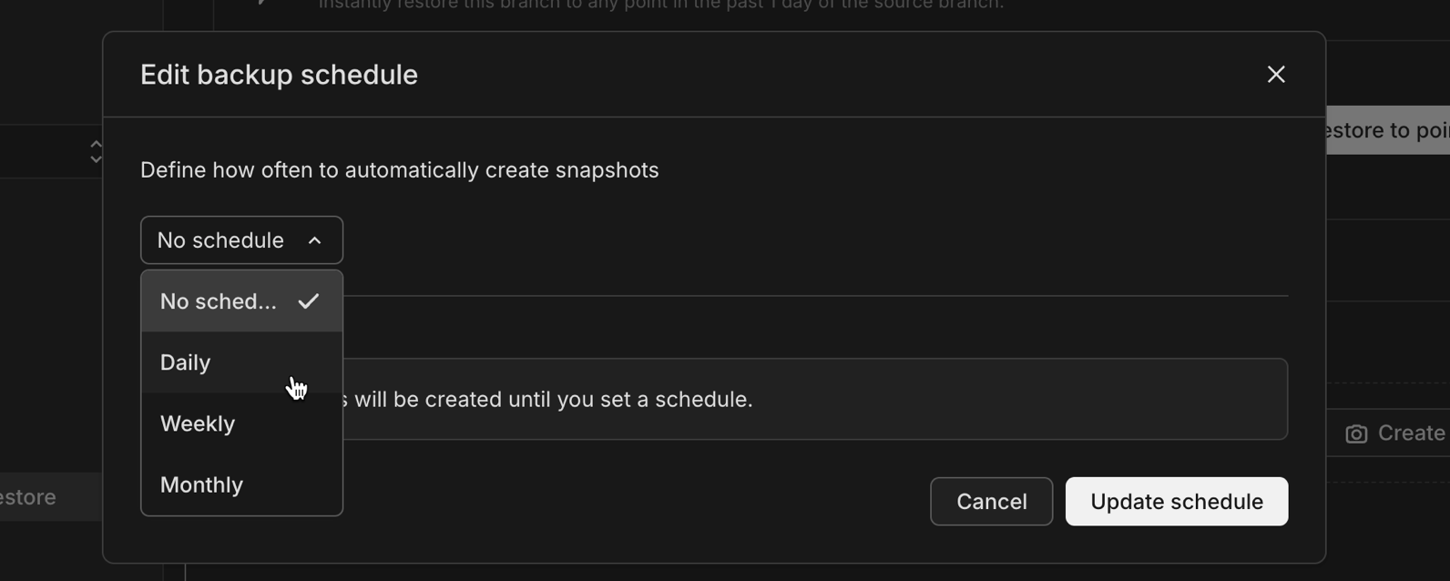 Backup schedule configuration showing daily, weekly, and monthly options