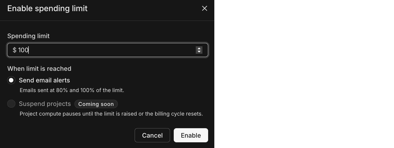 Enable spending limit dialog in Neon Console