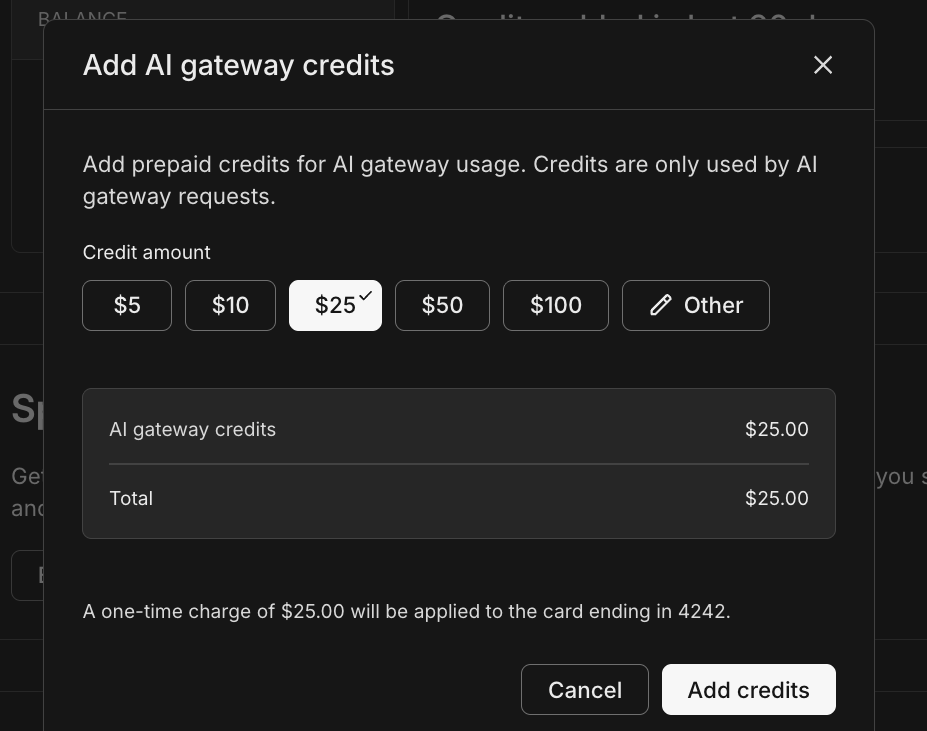 AI Gateway credits purchase modal with preset and custom amounts
