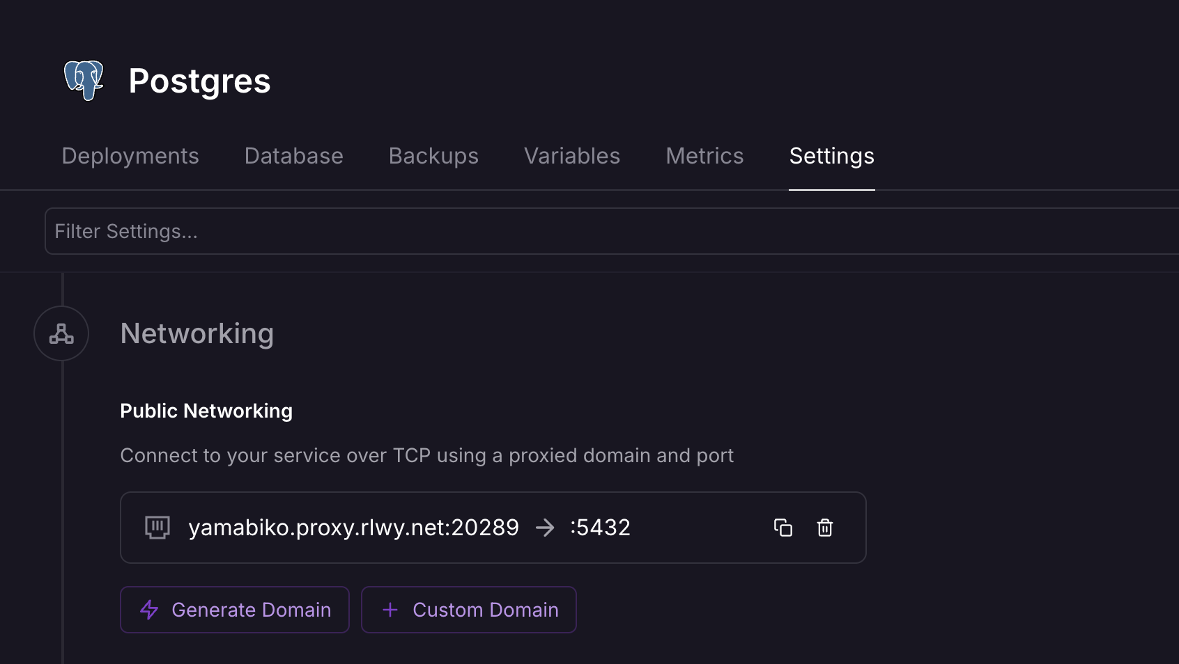 TCP Proxy toggle in Railway dashboard